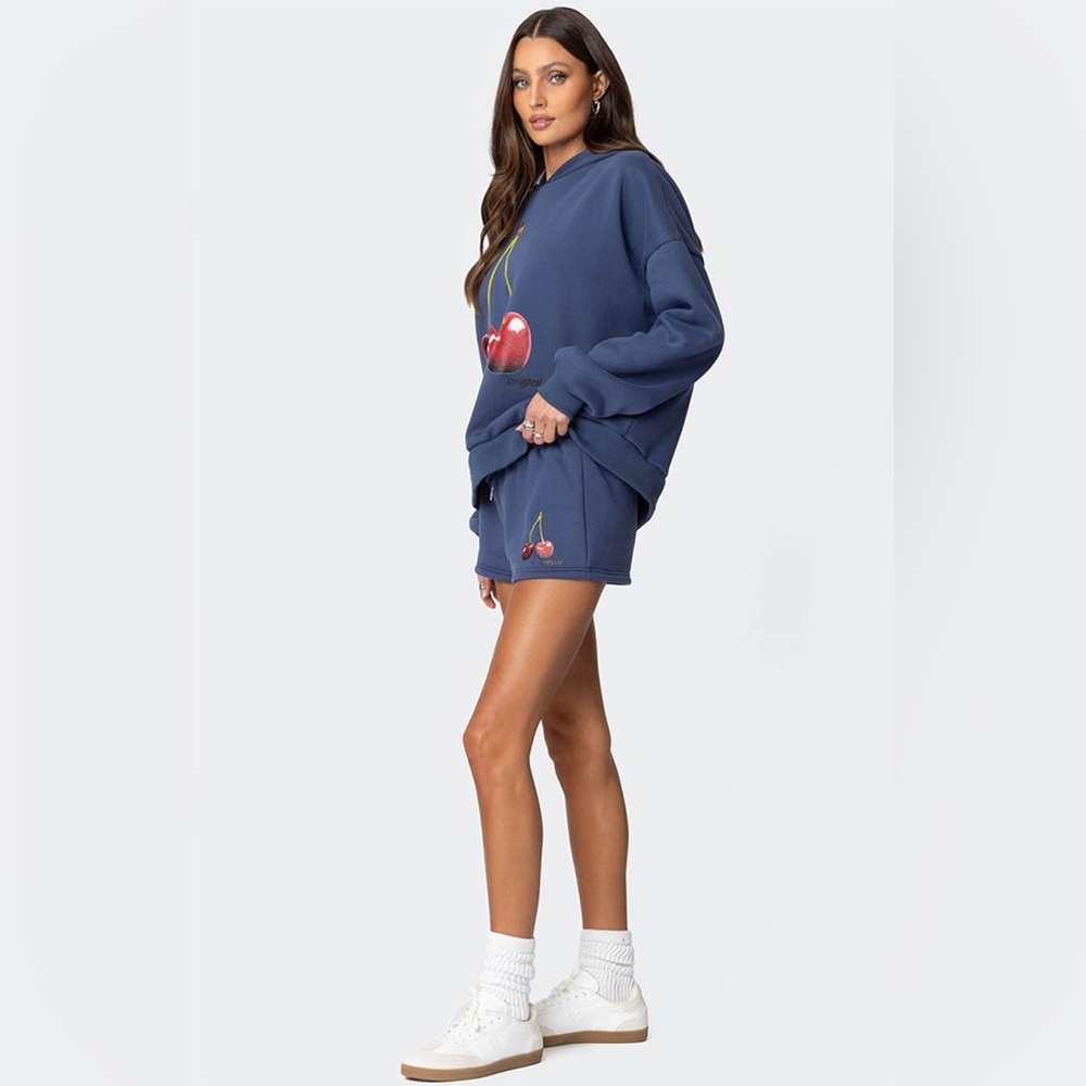 Edikted Mon Cheri Hoodie Cherry Graphic Navy Hoodie Size Medium - Picture 3 of 6